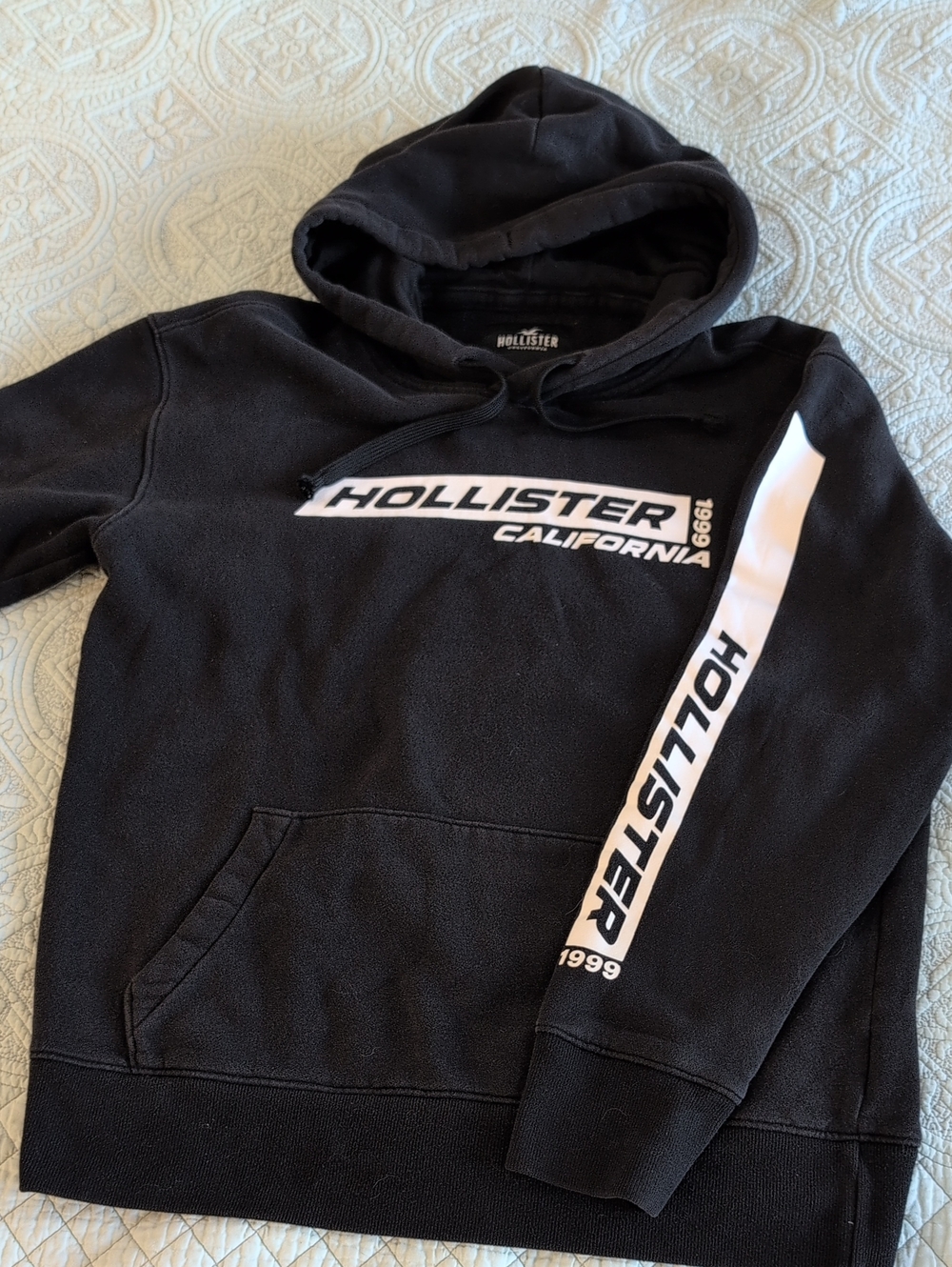 Hollister Black Pullover Hoodie with White Logo Stripe